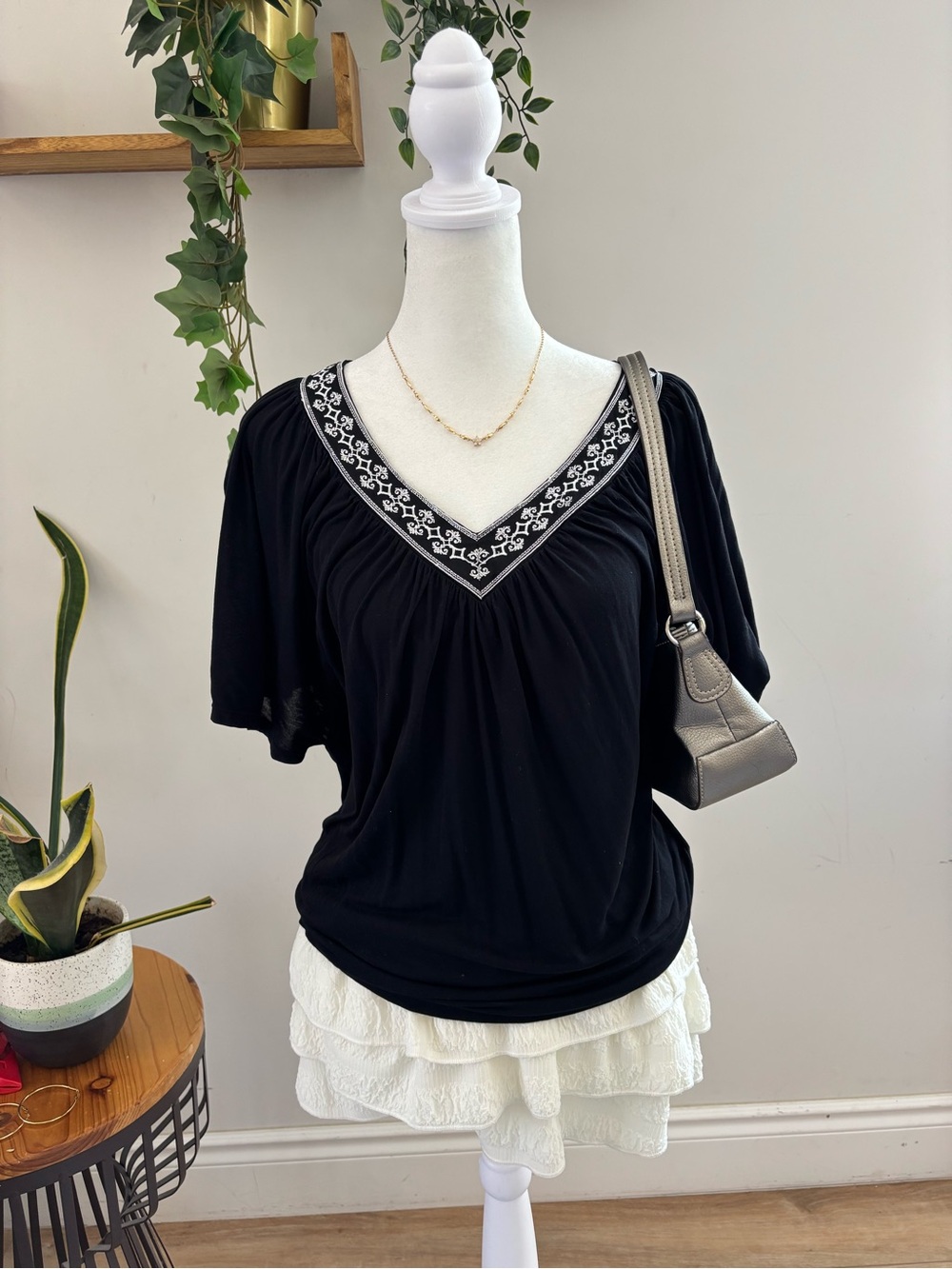 White House Black Market Black V-Neck Top with White Embroidered Trim